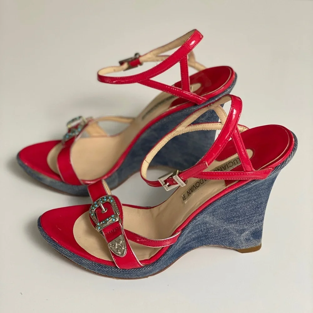 Hot Pink and Denim Vintage Women's Wedges - Picture 2 of 5
